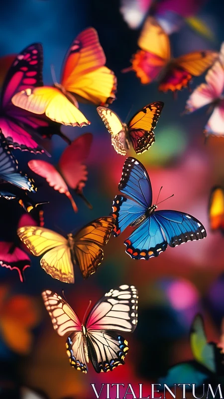 Multicolored butterflies in flight against blurred background.