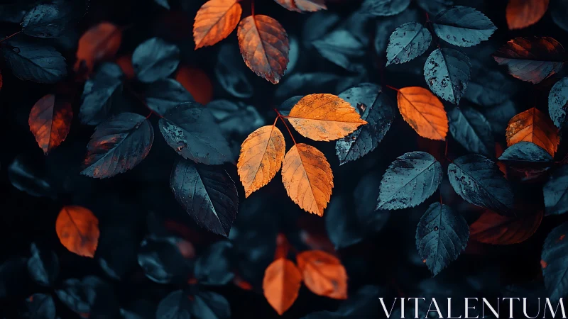 Burnt orange leaves glow against deep teal forest shadows