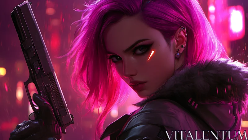 Cyberpunk portrait of armed neon-haired operative, close-up focus.