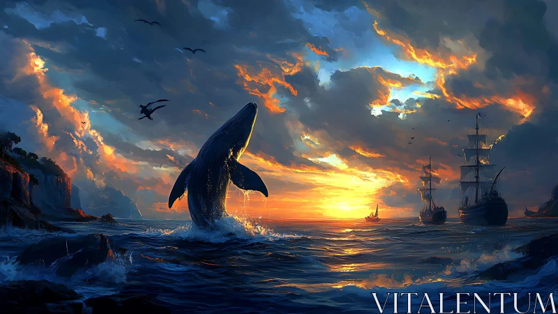 Whale breaching near sailing ships at illuminated sunset seascape.
