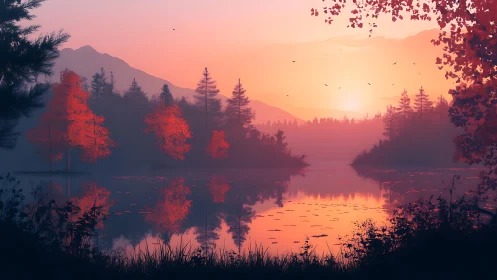 Crimson trees sip sunrise while the quiet lake mirrors secrets