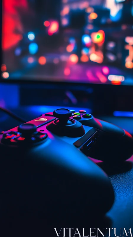 Gaming controller positioned on surface with blurred cityscape backdrop