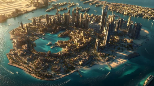 Dense coastal cityscape encircles artificial turquoise bay