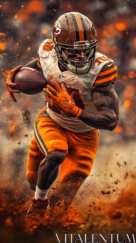 Dynamic football running back sprints through exploding turf.