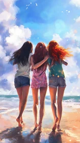 Sunlit shoreline stroll with three carefree friends.