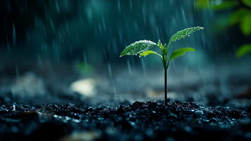 Rain-soaked seedling holds night’s quiet electric promise.