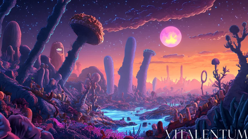 Alien valley landscape shows tall pillars under pink moon