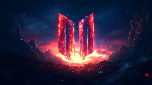 Glowing vertical portal structures over dark rocky terrain.