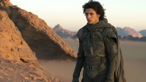 Desert warrior in tactical exosuit under warm dusk light.