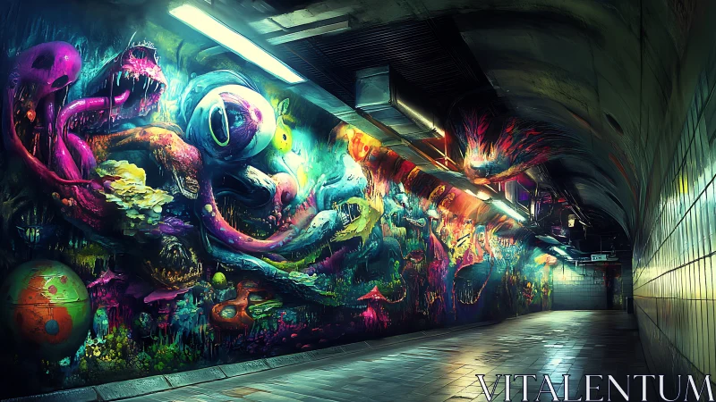 Neon biomech graffiti flooding subterranean tunnel walls at night.