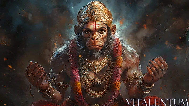 Divine monkey figure sits centered wearing ornate gold jewelry