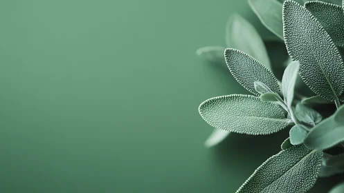 Sage leaves are arranged on a uniform green background