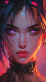 Neon gaze of cyberpunk girl burns through electric twilight