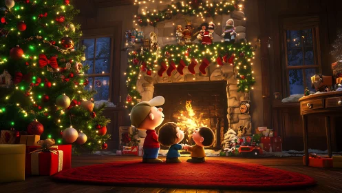 Children near decorated fireplace in stylized holiday interior.