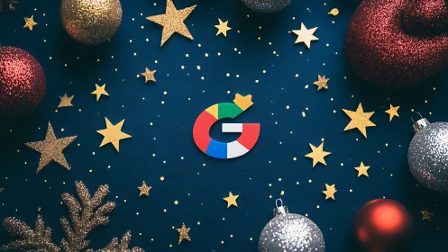 Holiday-themed Google logo amid glittering baubles and stars