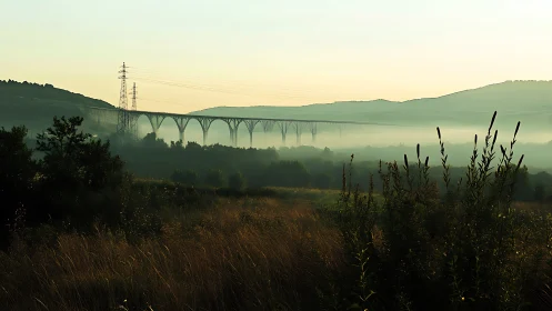 Mist-suspended viaduct whispering over a sleepy green valley.
