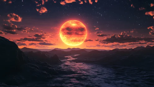 Molten moonrise quietly floods an alien valley with firelight