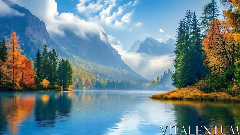 Mountain lake with autumn forest and distant peaks under clouds.