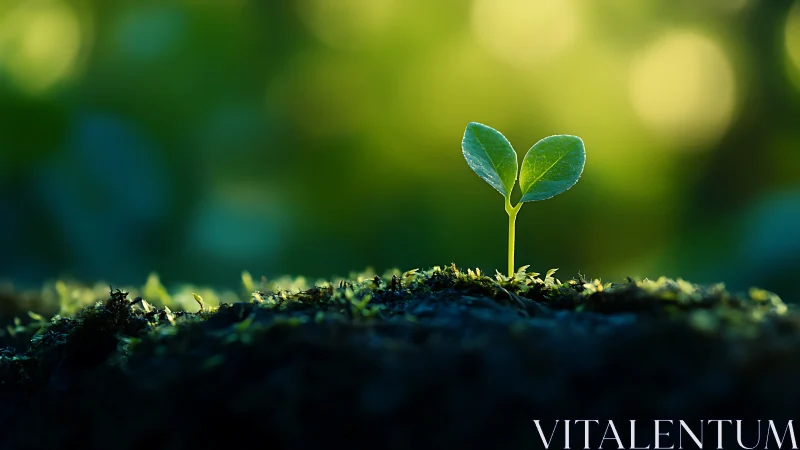 Single green seedling emerging from soil in soft focus field.