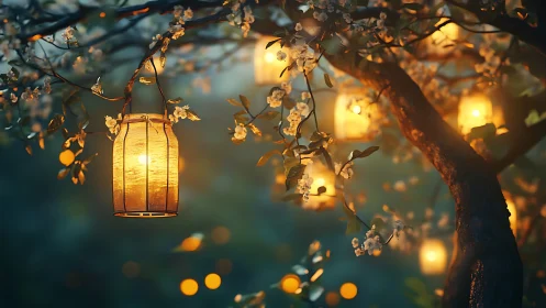 Lantern glow amid blossom-laden branches at twilight.