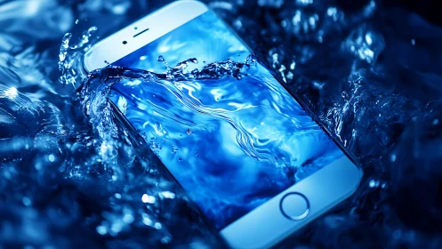 Smartphone plunges into vivid blue water in sharp focus.