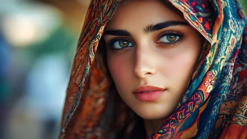 Velvet gaze beneath a river of patterned desert cloth.