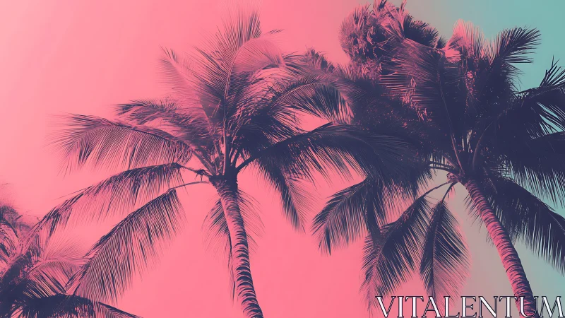 Chromatic gradient palm canopies under duotone spectral sky.