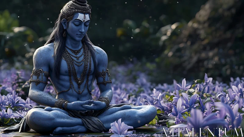 Serene blue deity in meditation amid dreamy lilac blossoms.