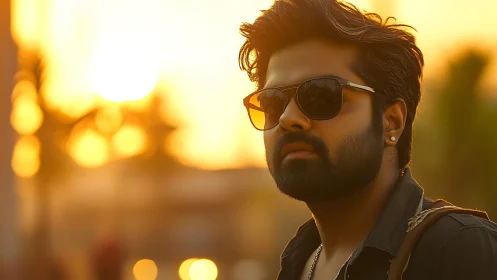 Bearded man in sunglasses at golden hour outdoors.
