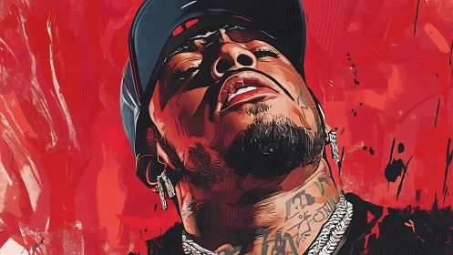 Close portrait of tattooed man in cap against painted red wall