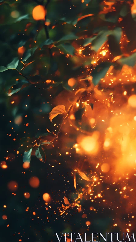 Burning Tree Branches with Glowing Embers and Smoke.