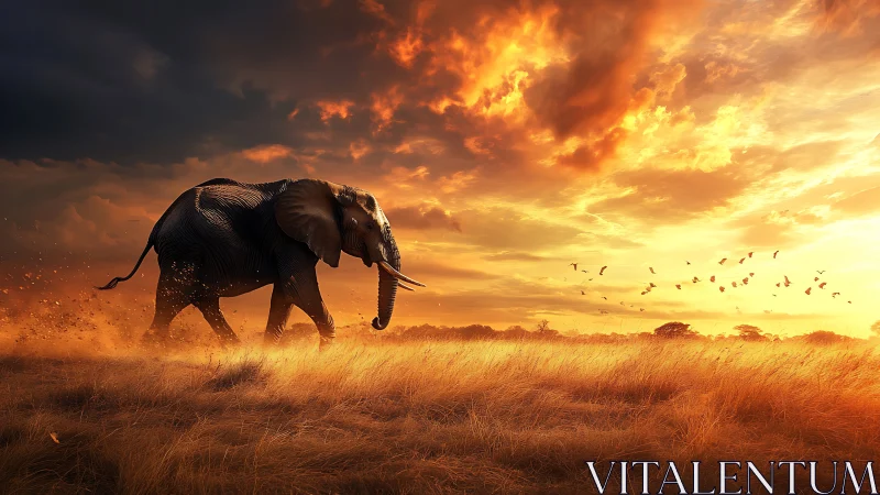Elephant striding through sunlit savanna under blazing sunset sky