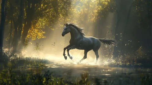 Morning mist crowns a silver horse sprinting through light