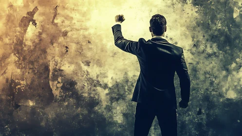 Confident professional raising a determined fist to the light.