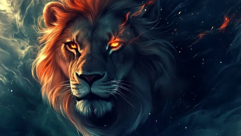 Fiery cosmic lion head emerges from swirling nebula depth