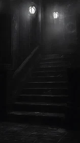 Noir stairwell under twin sconces in volumetric shadowfield.