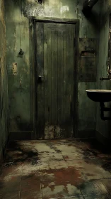 Decayed industrial corridor door rendered with moody lighting