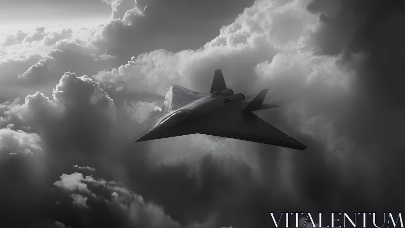 Futuristic stealth jet cutting through dramatic storm clouds.