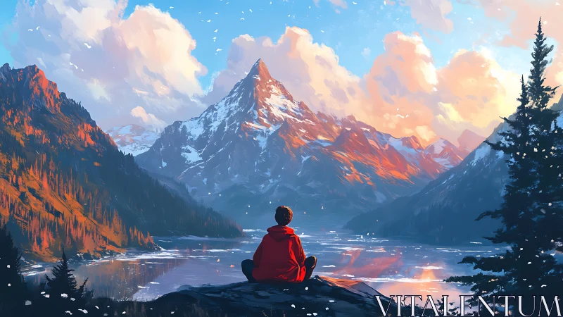 Solitary figure contemplating sunset-lit alpine peak.