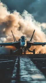 Carrier-based strike fighter igniting catapult steam plume.