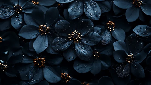 Dark blue petals with aureate stamens showcase volumetric water droplets and submicron surface detai