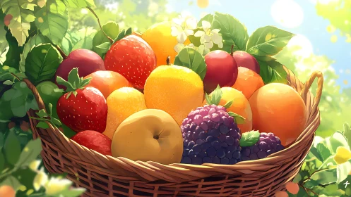 Sunlit garden harvest brimming with jewel-bright summer fruit.