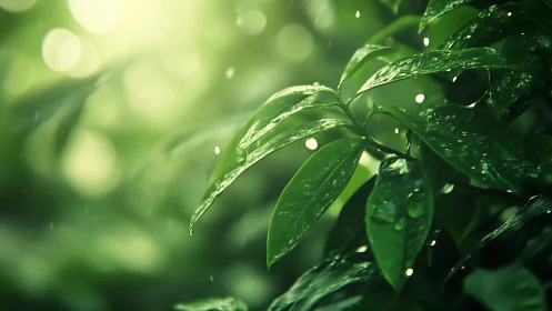 Rain-kissed jungle leaves bask in soft green sunrise hush.