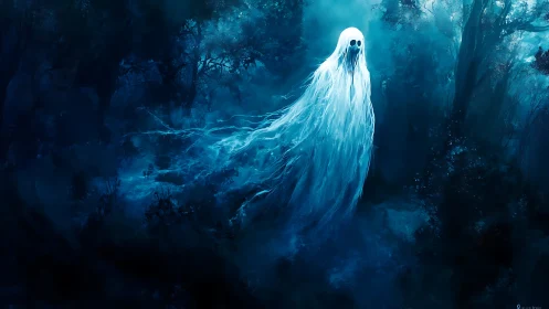 Ghostlike translucent figure in dark blue forest environment.