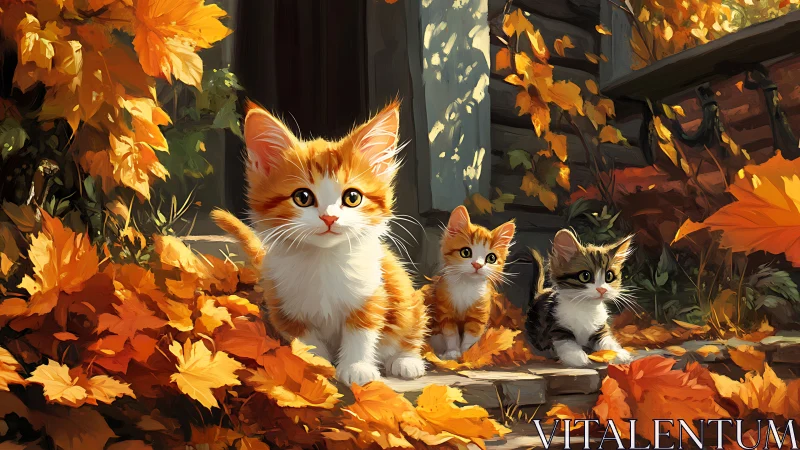 Autumn Kittens Surrounded by Golden Fall Leaves.