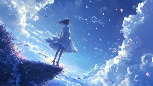 Girl on a cliff gazes into a vast, wind-swept sky of petals.