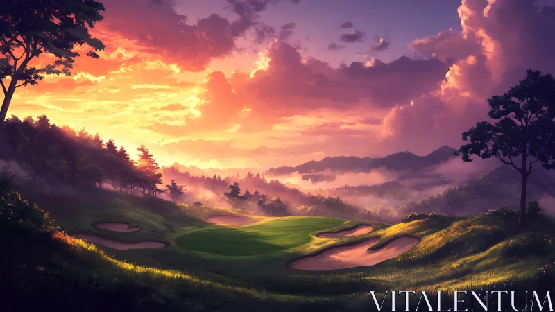 Sunlit valley golf green under dramatic painterly sky.