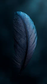 Midnight blue feather with dewdrops in quiet focus.