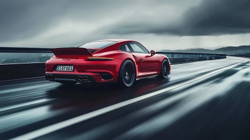 Red sports coupe on wet highway under overcast sky.