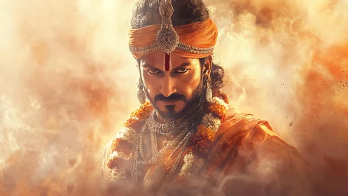 Warrior king portrait amid swirling golden smoke clouds.